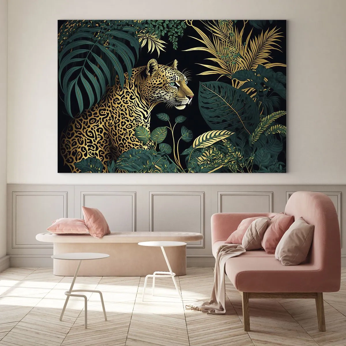Billede på glas - En leopard blandt tropiske blade på en mørk baggrund - 70x50cm - Værten i junglen - Moderne vægdekoration til stue og soveværelse ARTTOR