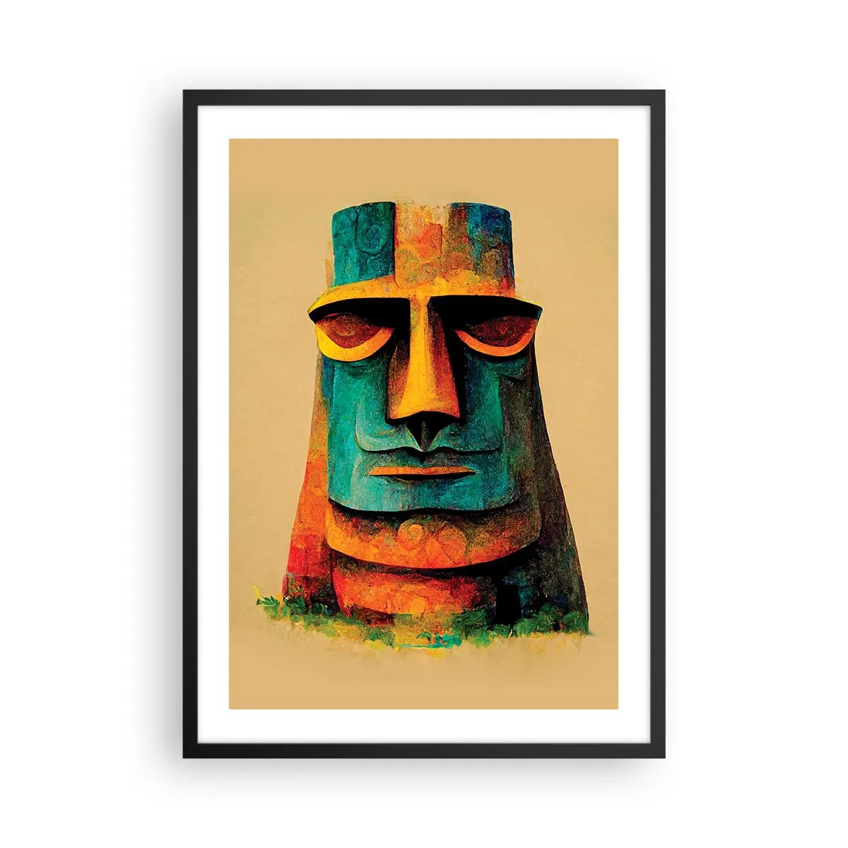 Plakat i sort ramme - En farverig fortolkning af en Moai-statue mod en beige baggrund - 50x70cm - Statuarisk, men alligevel sympatisk - Moderne vægdekoration til stue og soveværelse ARTTOR