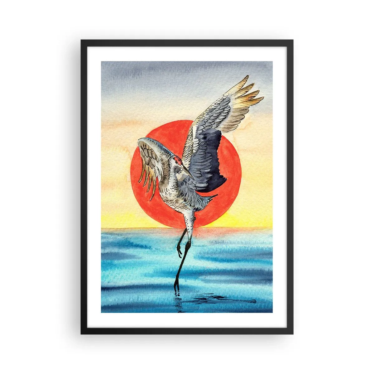 Plakat i sort ramme - En kran svæver over vandet mod en rød sol - 50x70cm - Tid til at gå tilbage - Moderne vægdekoration til stue og soveværelse ARTTOR