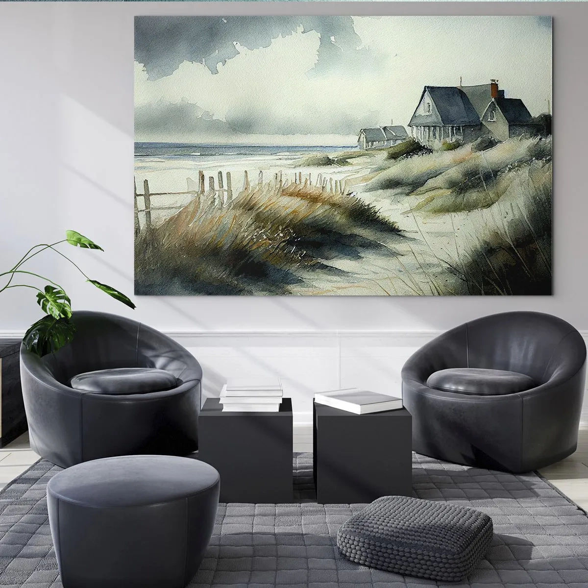 Billede på glas - Huse ved stranden under en overskyet himmel - 70x50cm - Væk fra trængsel og travlhed - Moderne vægdekoration til stue og soveværelse ARTTOR