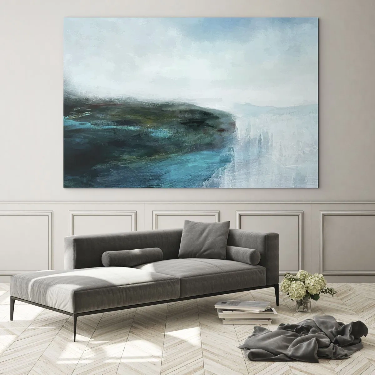 Billede på glas - Abstrakt vandlandskab med dominerende blå og hvide farver - 70x50cm - Marin abstraktion - Moderne vægdekoration til stue og soveværelse ARTTOR
