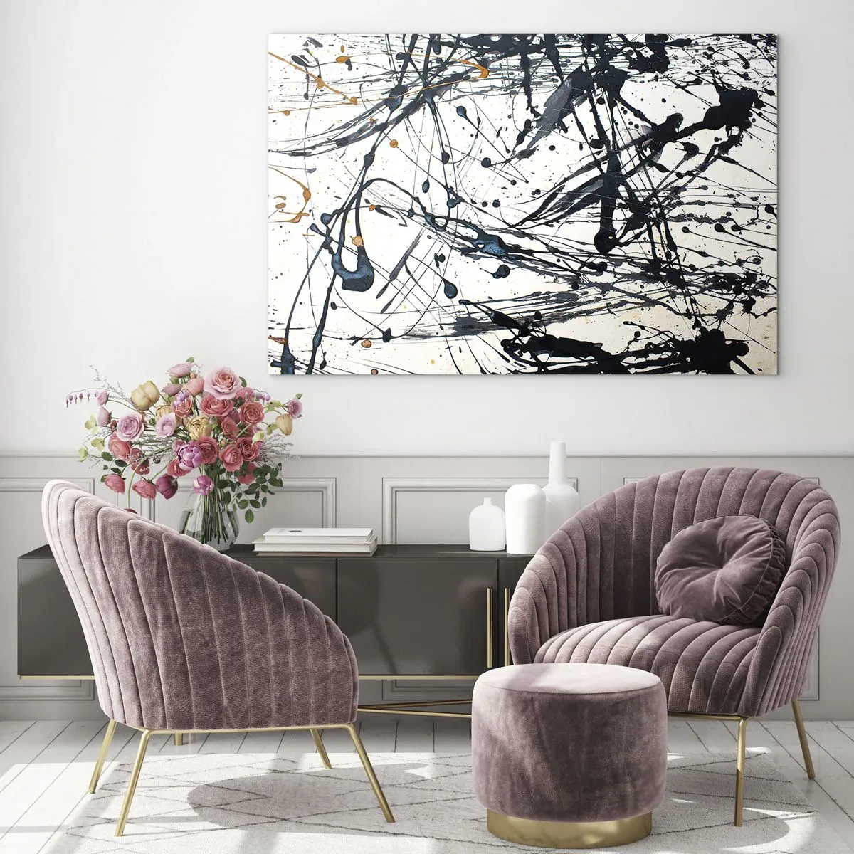Billede på glas - Dynamiske malingstænk på en hvid baggrund - 70x50cm - Ekspressionistisk abstraktion - Moderne vægdekoration til stue og soveværelse ARTTOR