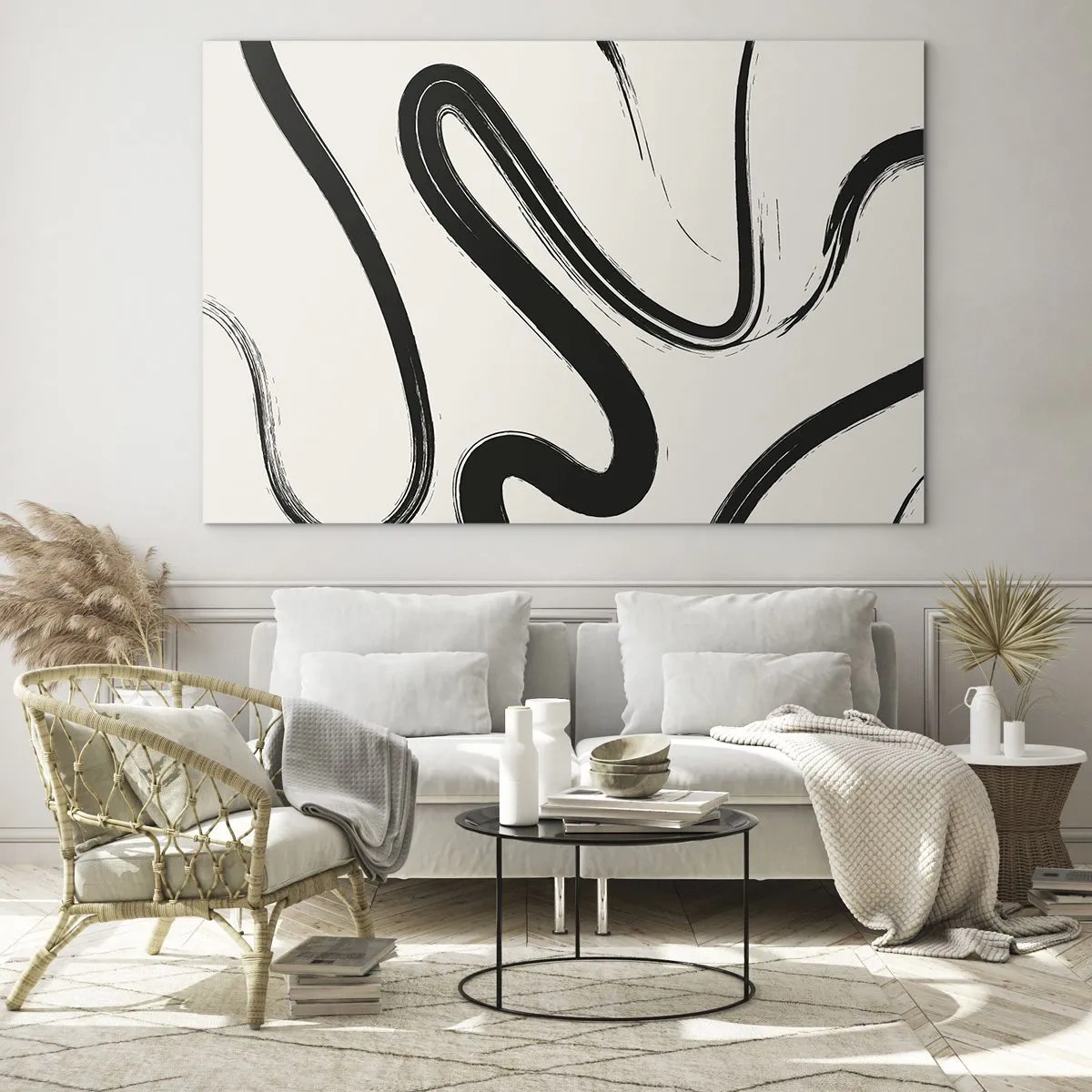 Billede på glas - Dynamiske sorte linjer på en lys baggrund i en abstrakt stil. - 70x50cm - Sort og hvid fantasifuldhed - Moderne vægdekoration til stue og soveværelse ARTTOR