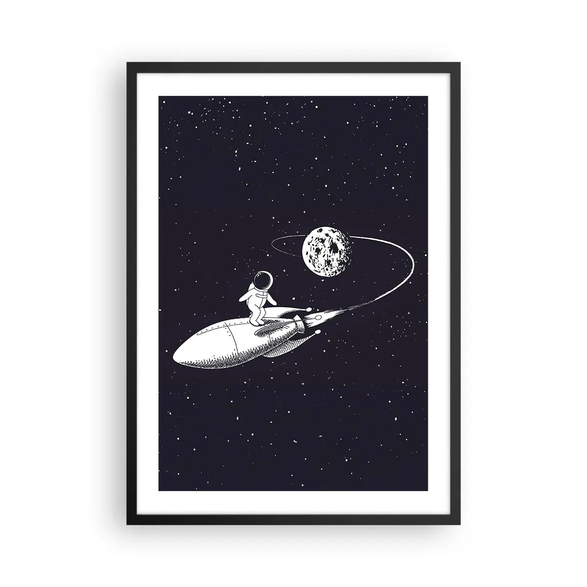 Plakat i sort ramme - En astronaut står på en raket, der flyver i rummet - 50x70cm - Space surfer - Moderne vægdekoration til stue og soveværelse ARTTOR