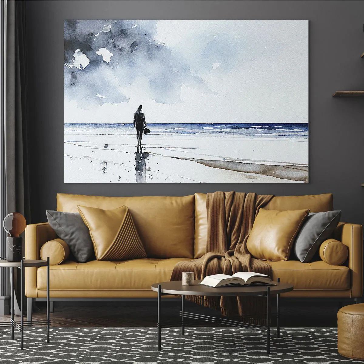 Billede på glas - Silhuet af en person på kysten i delikat akvarel - 70x50cm - Samtale med havet - Moderne vægdekoration til stue og soveværelse ARTTOR