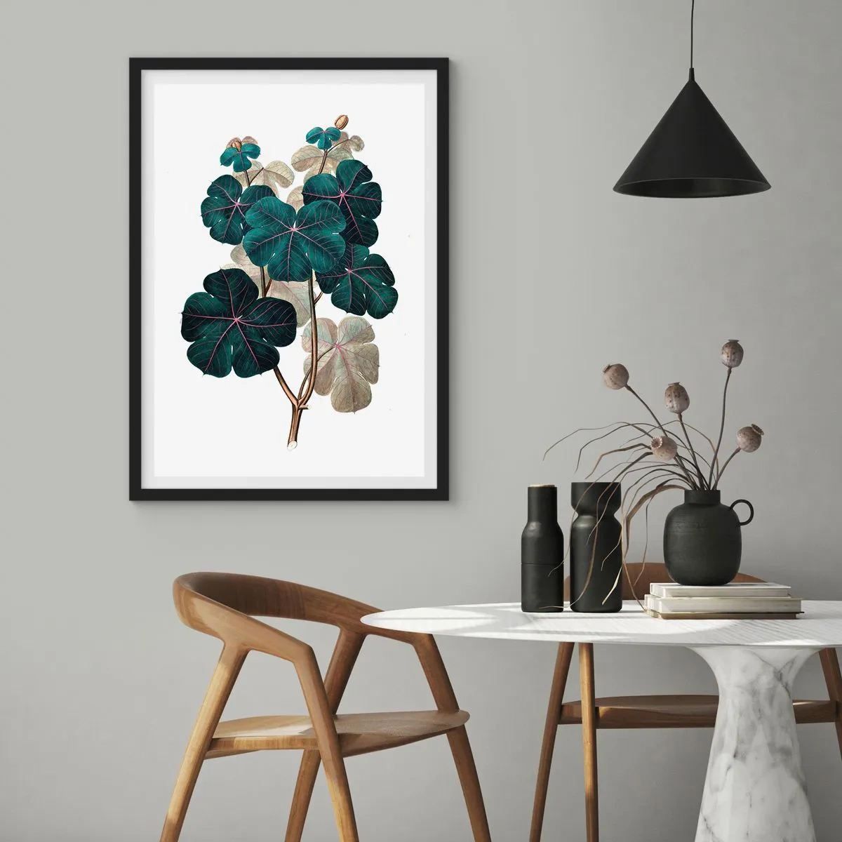 Plakat i sort ramme - Botanisk illustration med mørkegrønne blade på en lys baggrund - 50x70cm - Fra et gammelt herbarium - Moderne vægdekoration til stue og soveværelse ARTTOR