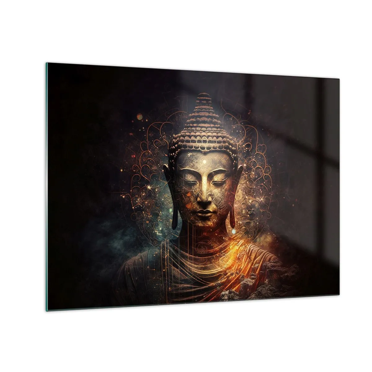 Billede på glas - En gylden figur af Buddha på en mørk baggrund med ornamenter - 70x50cm - Åndelig balance - Moderne vægdekoration til stue og soveværelse ARTTOR