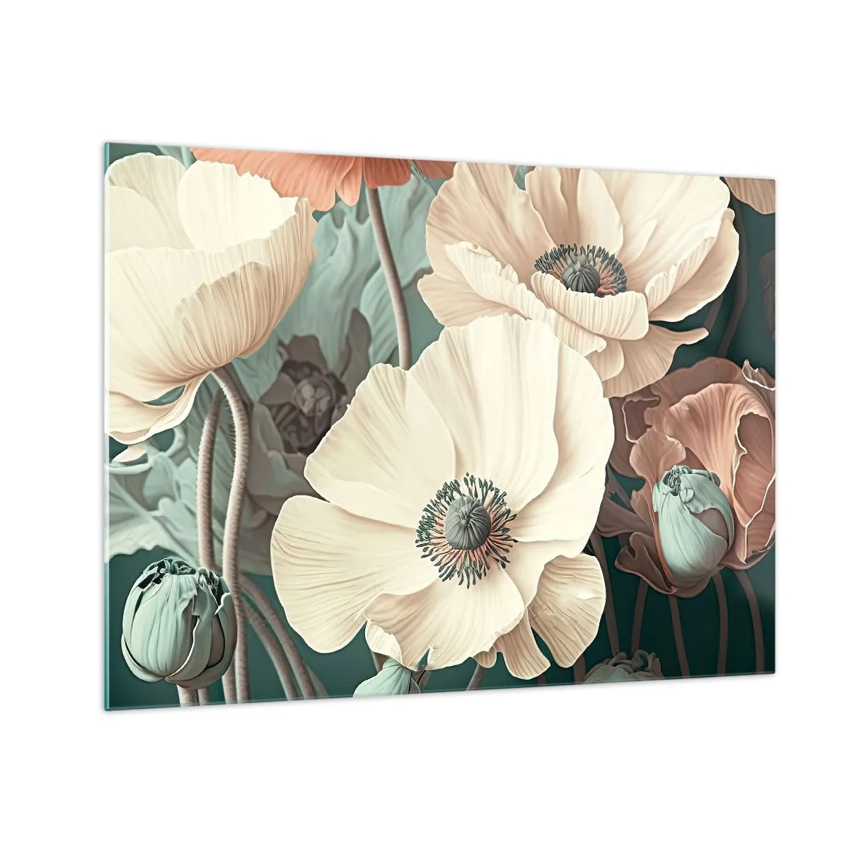 Billede på glas - Delikat fløde- og laksevalmuer på en mørk baggrund - 70x50cm - Valmuernes hvisken - Moderne vægdekoration til stue og soveværelse ARTTOR