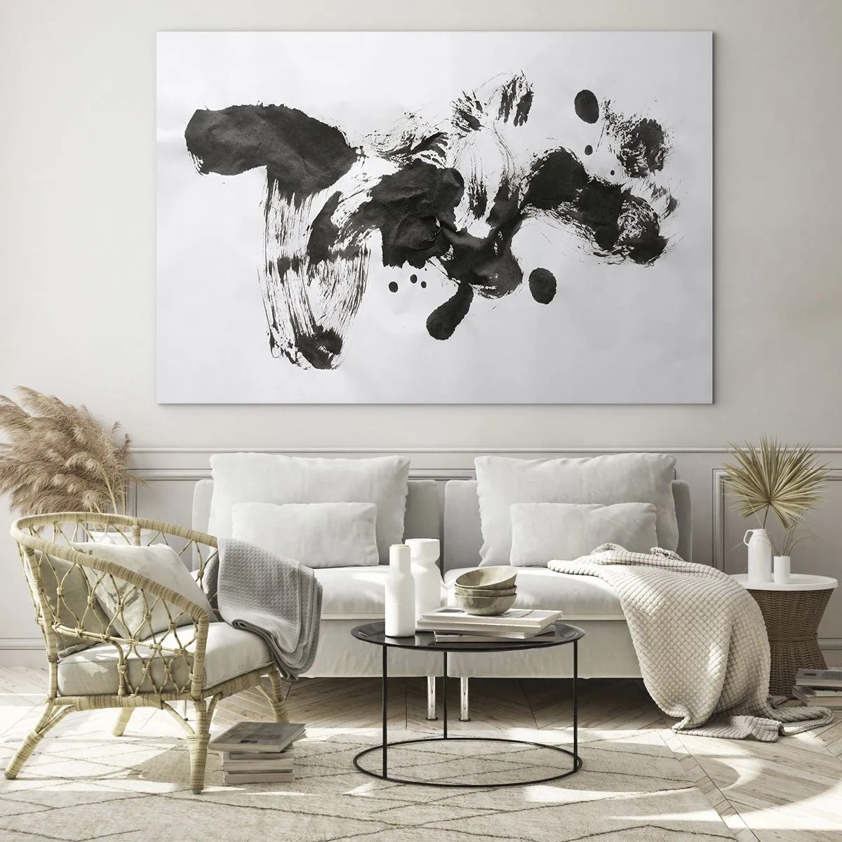 Billede på glas - Abstrakt sort plet og penselstrøg på en hvid baggrund - 70x50cm - En metode i galskaben? - Moderne vægdekoration til stue og soveværelse ARTTOR