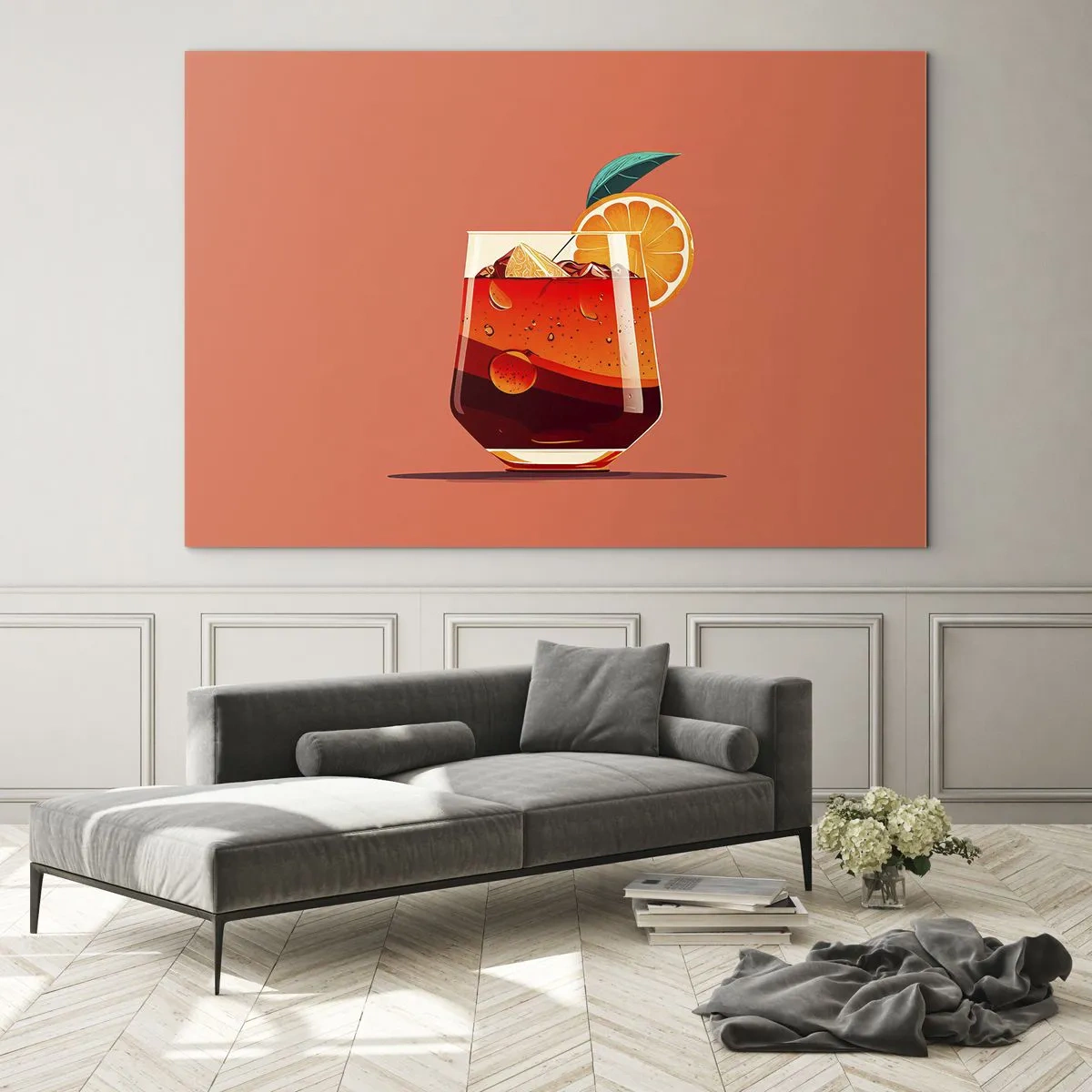 Billede på glas - En farverig drink med appelsin på en varm ferskenbaggrund - 70x50cm - Sommerens forfriskning - Moderne vægdekoration til stue og soveværelse ARTTOR