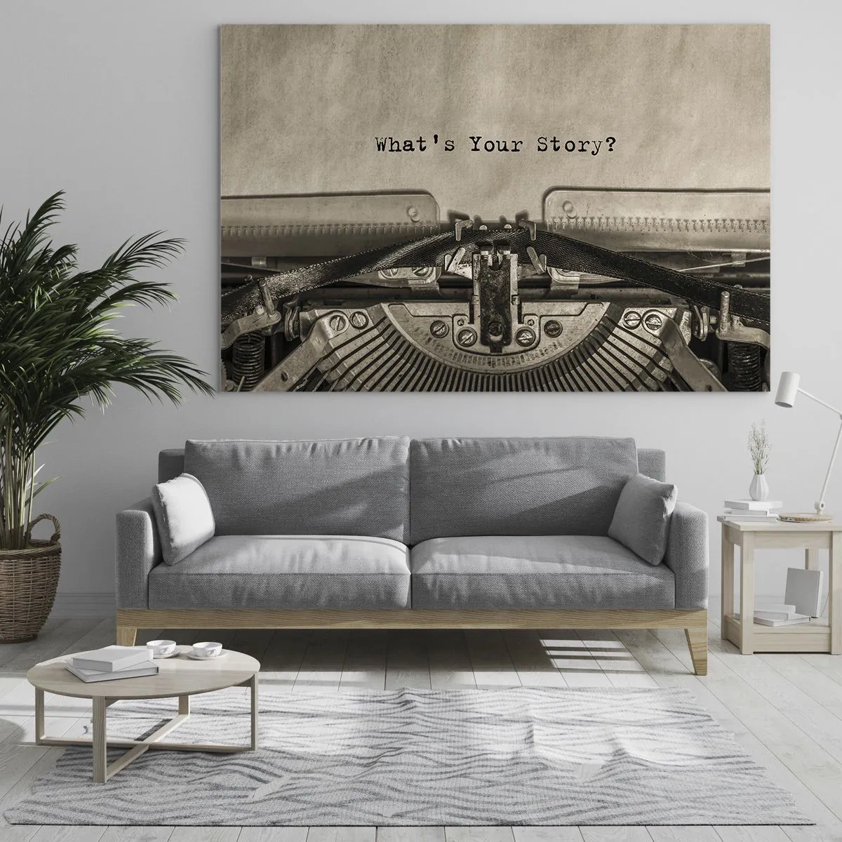 Billede på glas - Nærbillede af en skrivemaskine med teksten 'Hvad er din historie?' - 70x50cm - Fortæl mig - Moderne vægdekoration til stue og soveværelse ARTTOR