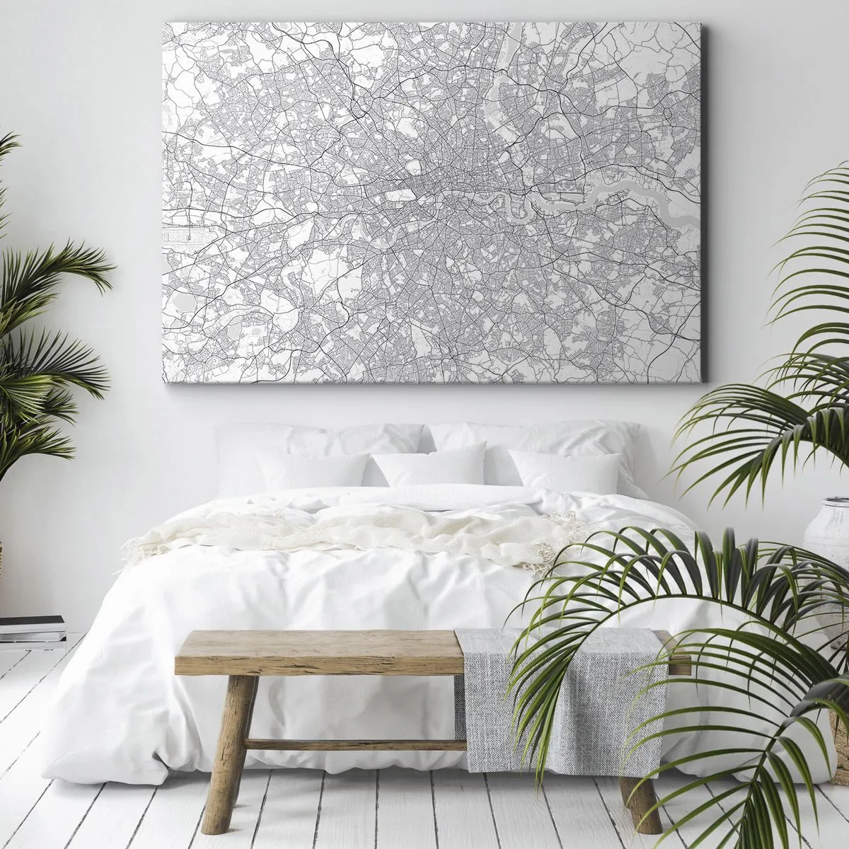 Lærredstryk - Billede på lærred - Et minimalistisk bykort i grå nuancer - 70x50cm - Kort over Londons labyrint - Moderne vægdekoration til stue og soveværelse ARTTOR