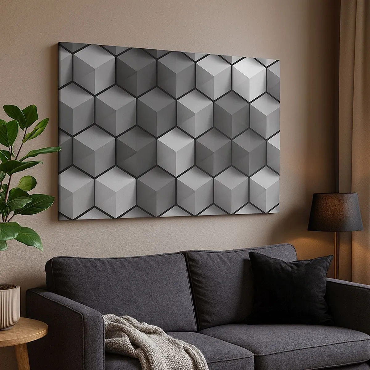 Lærredstryk - Billede på lærred - Geometrisk sammensætning af terninger i nuancer af grå og sort - 70x50cm - Kubistisk puslespil - Moderne vægdekoration til stue og soveværelse ARTTOR