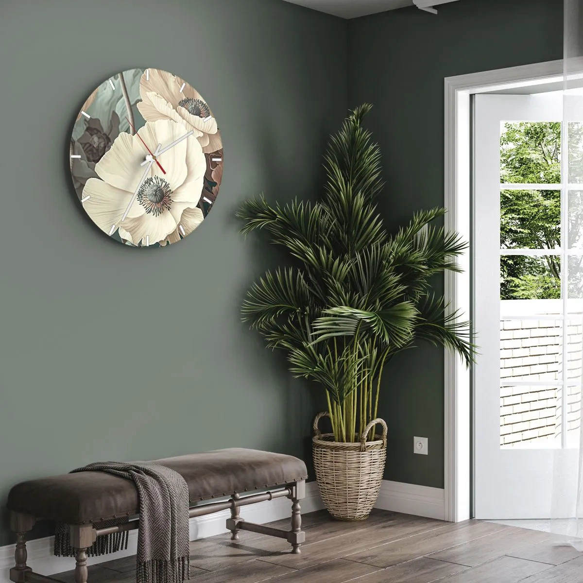 Vægur, Uret - Cremefarvede valmueblomster mod en baggrund af blade i en dæmpet pastelfarve - 30x30cm - Valmuernes hvisken - Moderne vægdekoration til stue, køkken og soveværelse ARTTOR