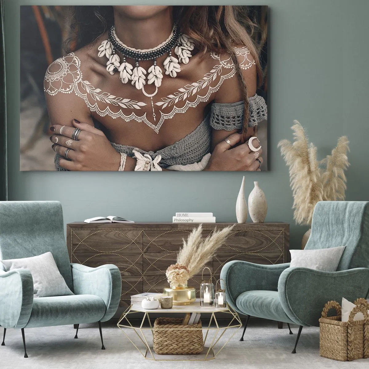 Lærredstryk - Billede på lærred - Boho-stil med muslingesmykker og et blondemønster - 70x50cm - Talismaner, ritualer om kvindelighed - Moderne vægdekoration til stue og soveværelse ARTTOR