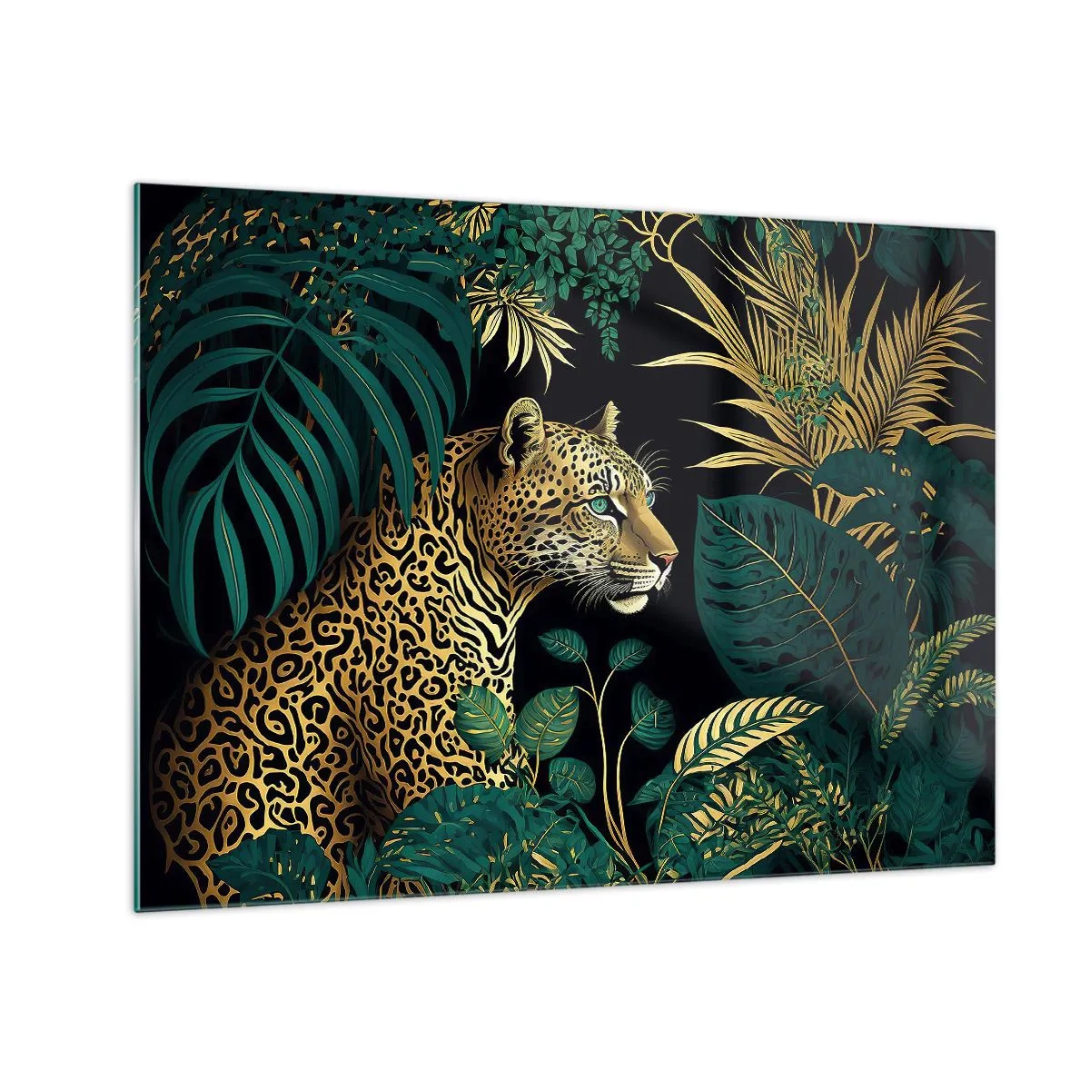Billede på glas - En leopard blandt tropiske blade på en mørk baggrund - 70x50cm - Værten i junglen - Moderne vægdekoration til stue og soveværelse ARTTOR