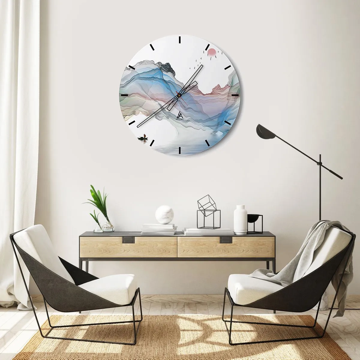 Vægur, Uret - Farverige, æteriske bjerge med en båd på vandoverfladen - 30x30cm - Mod krystalbjergene - Moderne vægdekoration til stue, køkken og soveværelse ARTTOR