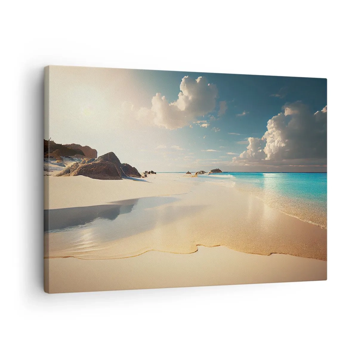 Lærredstryk - Billede på lærred - En solrig strand med blåt hav og klipper - 70x50cm - En drømmeagtig dag - Moderne vægdekoration til stue og soveværelse ARTTOR