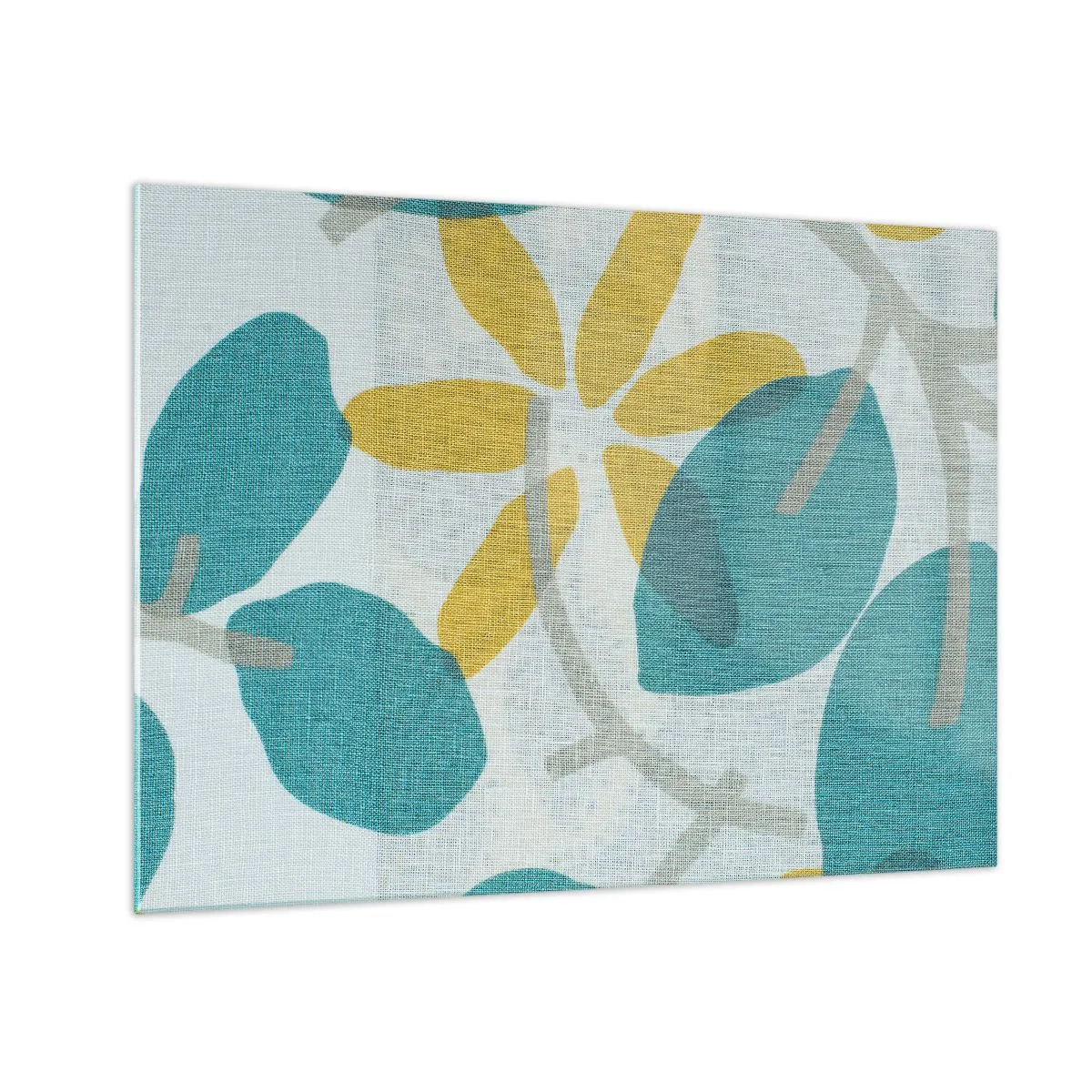 Billede på glas - En plantegrafik med azurblå blade og gule blomster - 70x50cm - Blandt azurblå blade - Moderne vægdekoration til stue og soveværelse ARTTOR