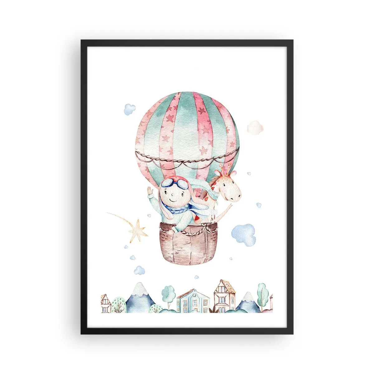 Plakat i sort ramme - En sød illustration af en bamse, der flyver i en ballon over en by - 50x70cm - Vi er snart tilbage! - Moderne vægdekoration til stue og soveværelse ARTTOR