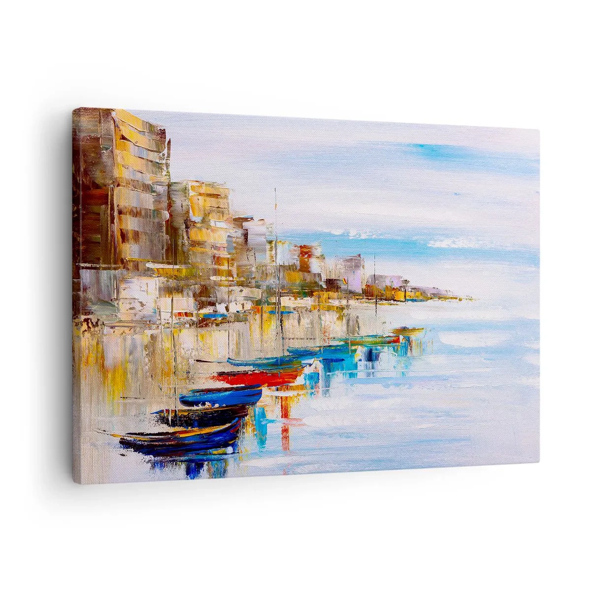Lærredstryk - Billede på lærred - Farverige både på kysten med udsigt over byens skyline - 70x50cm - Flerfarvet urban havn - Moderne vægdekoration til stue og soveværelse ARTTOR