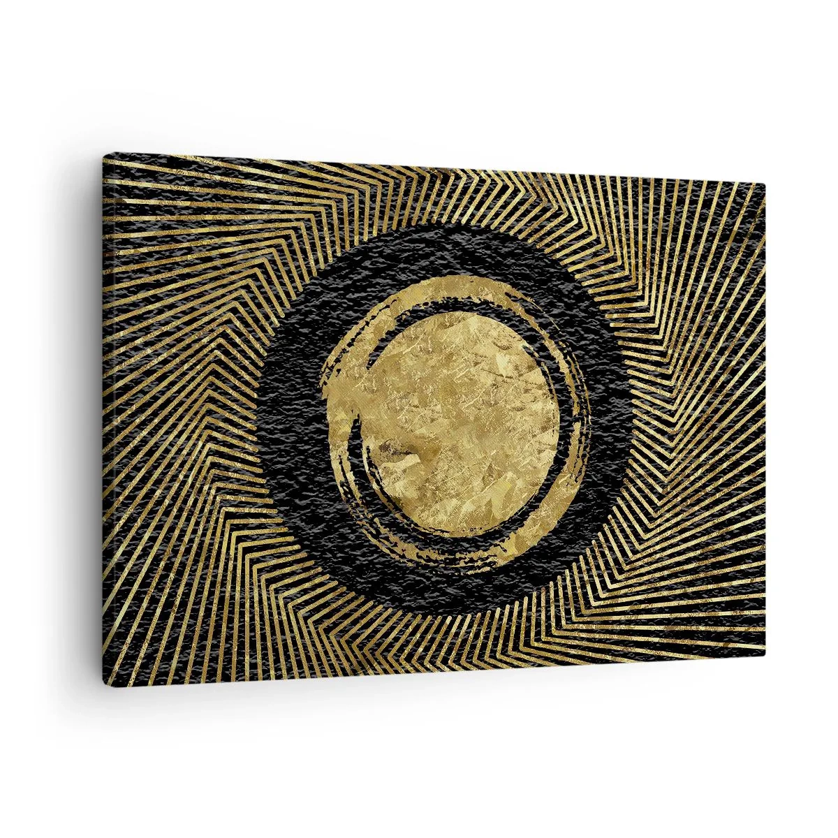Lærredstryk - Billede på lærred - Geometrisk komposition i sort og guld med stråler - 70x50cm - Glamour-komposition - Moderne vægdekoration til stue og soveværelse ARTTOR