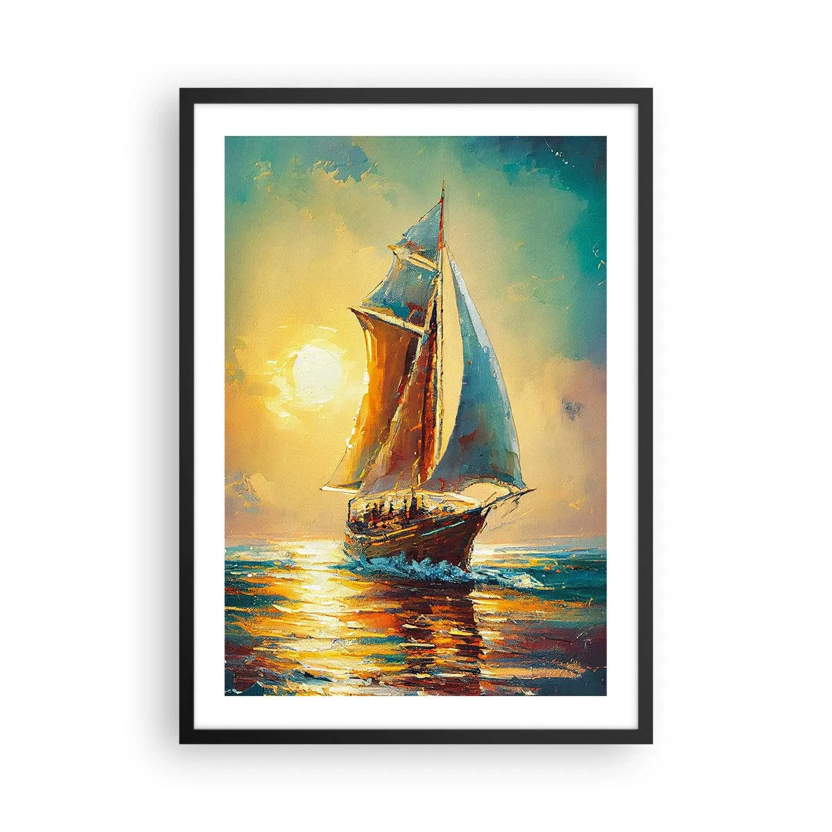 Plakat i sort ramme - Et sejlskib mod en gylden solnedgangs baggrund - 50x70cm - Under fulde sejl - Moderne vægdekoration til stue og soveværelse ARTTOR