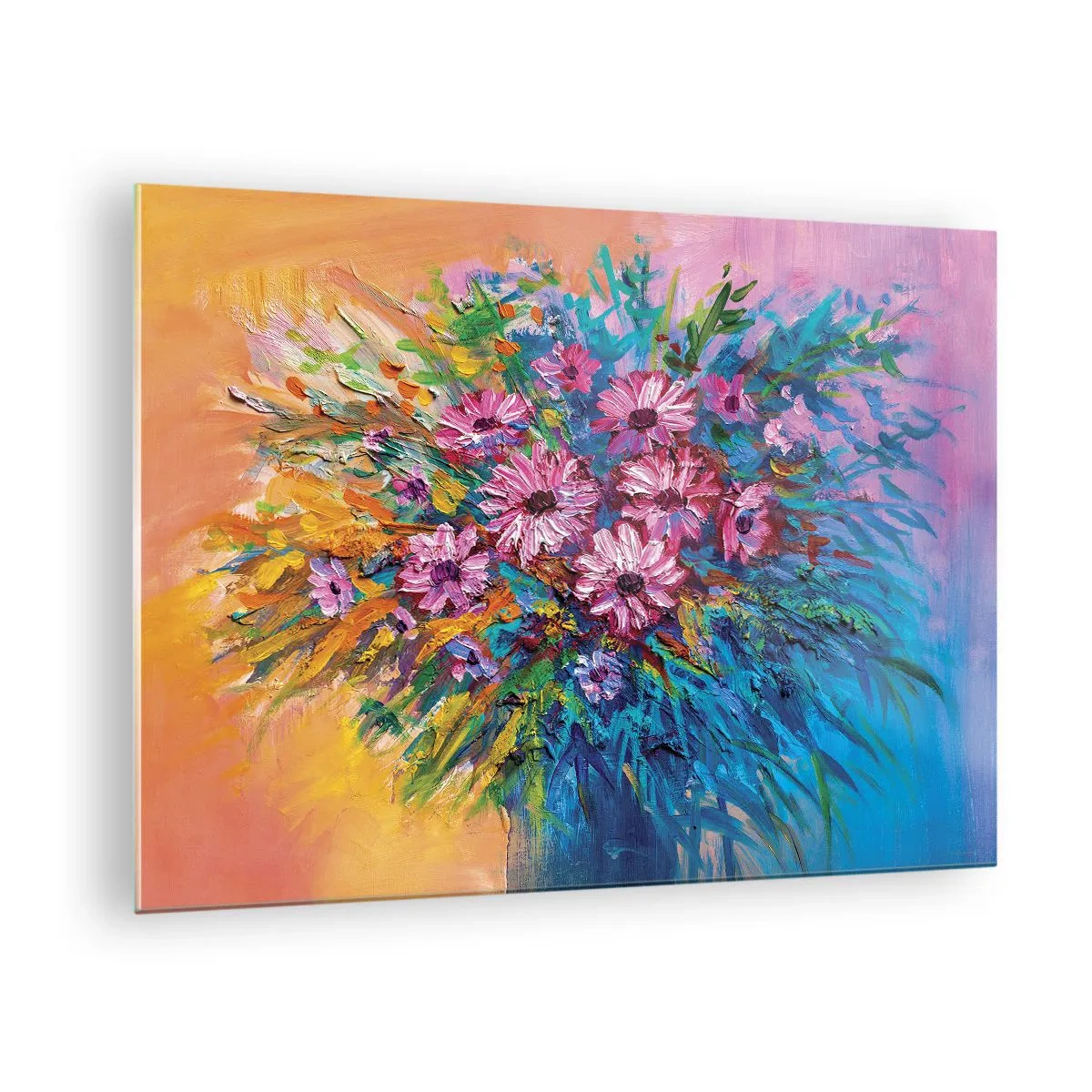 Billede på glas - En buket lyserøde blomster i en kunstnerisk, farverig komposition - 70x50cm - Livets energi - Moderne vægdekoration til stue og soveværelse ARTTOR