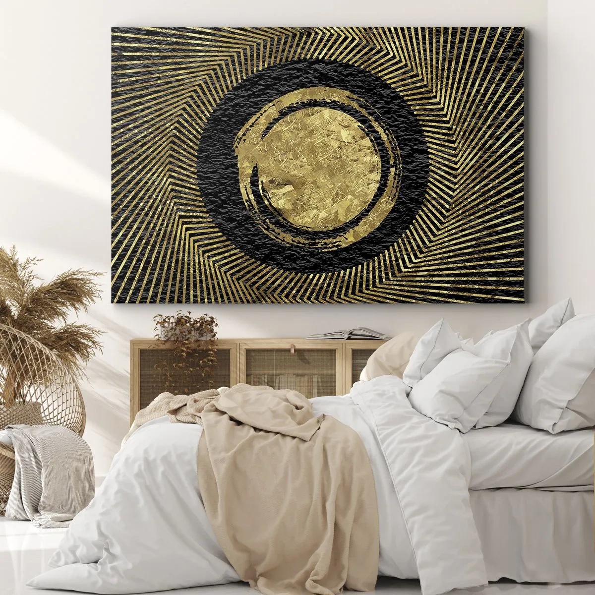 Lærredstryk - Billede på lærred - Geometrisk komposition i sort og guld med stråler - 70x50cm - Glamour-komposition - Moderne vægdekoration til stue og soveværelse ARTTOR