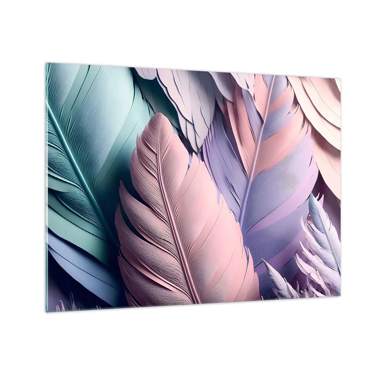 Billede på glas - Pastelfarvede fjer i nuancer af lyserød, lilla og turkis - 70x50cm - Chik fugl - Moderne vægdekoration til stue og soveværelse ARTTOR