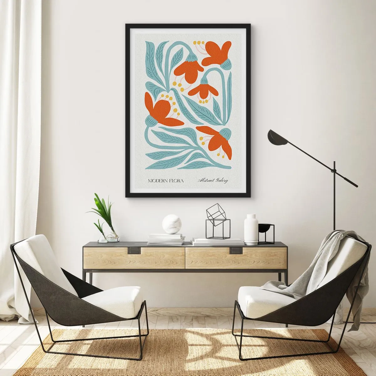 Plakat i sort ramme - Dekorative blomster i orange og blå nuancer - 50x70cm - Mod jorden, mod solen - Moderne vægdekoration til stue og soveværelse ARTTOR