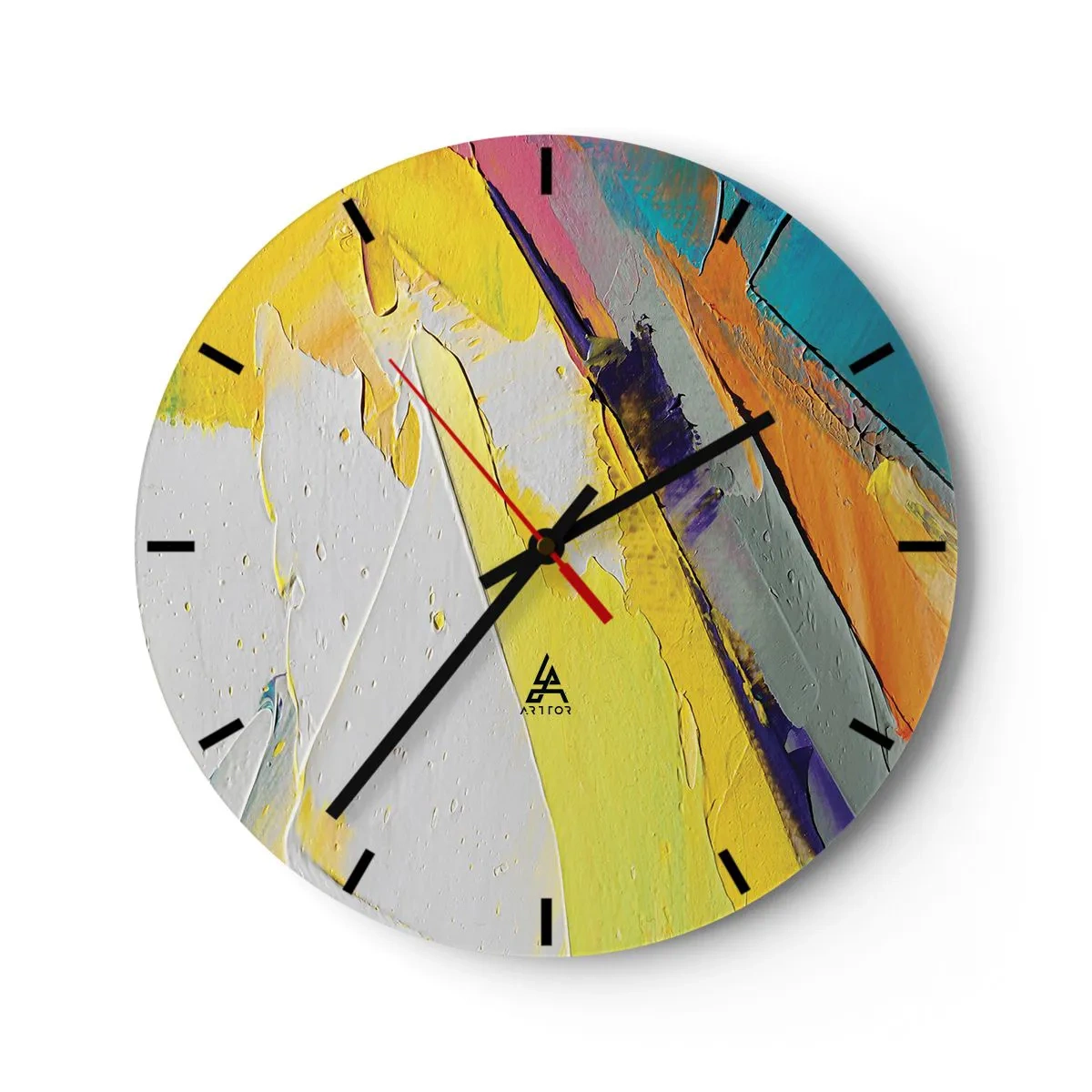 Vægur, Uret - Farverig abstraktion med en overvægt af gul, hvid og blå - 30x30cm - Lysets anatomi - Moderne vægdekoration til stue, køkken og soveværelse ARTTOR