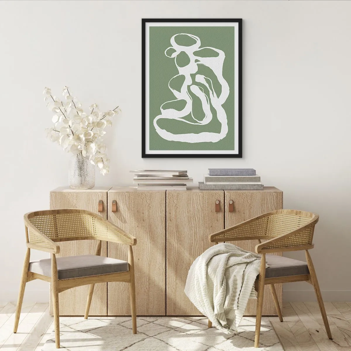Plakat i sort ramme - Abstrakt hvid komposition på en grøn baggrund - 50x70cm - Rummets kald - Moderne vægdekoration til stue og soveværelse ARTTOR
