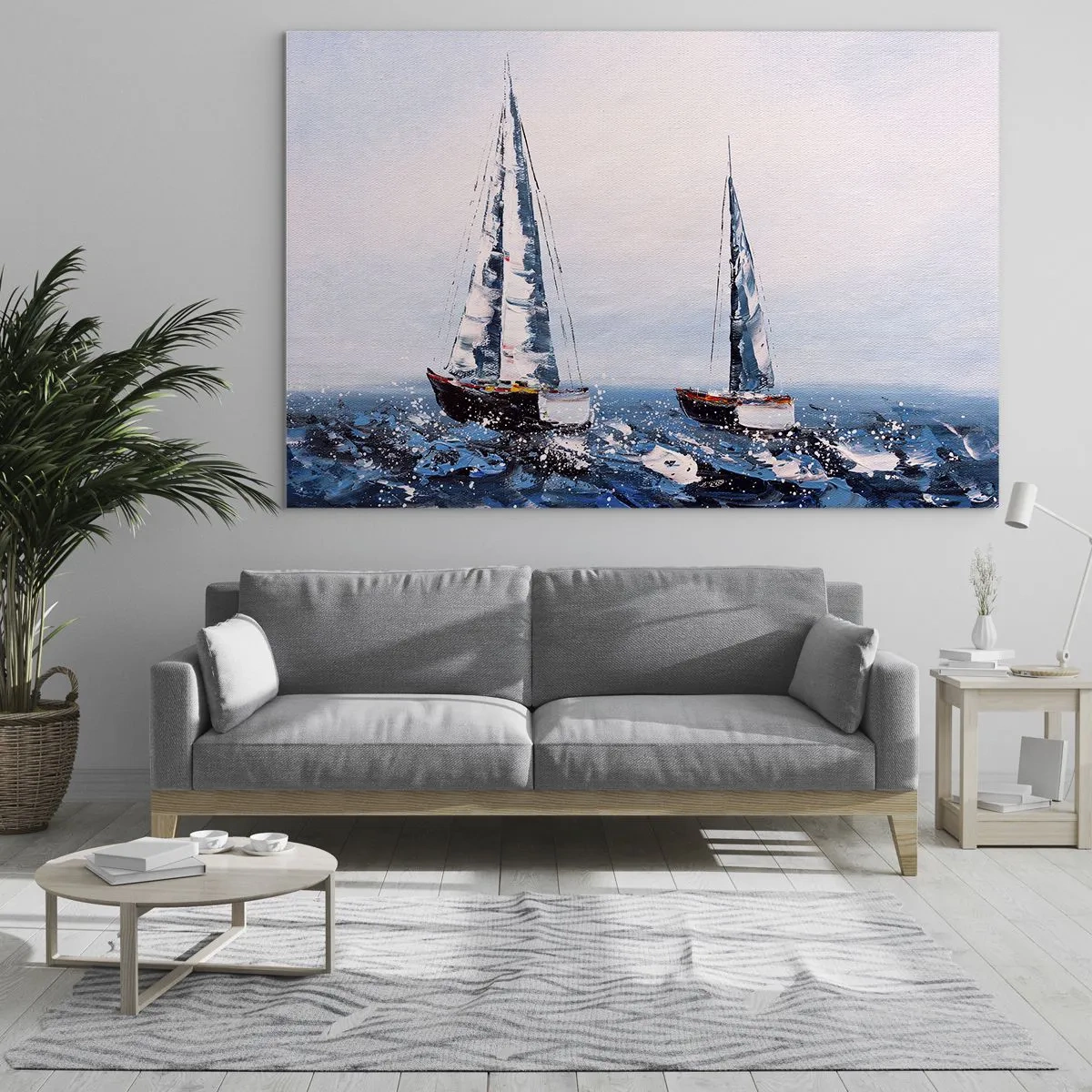 Billede på glas - To yachter på et stormfuldt hav i impressionistisk malerisk stil. - 70x50cm - Vindens broderskab - Moderne vægdekoration til stue og soveværelse ARTTOR