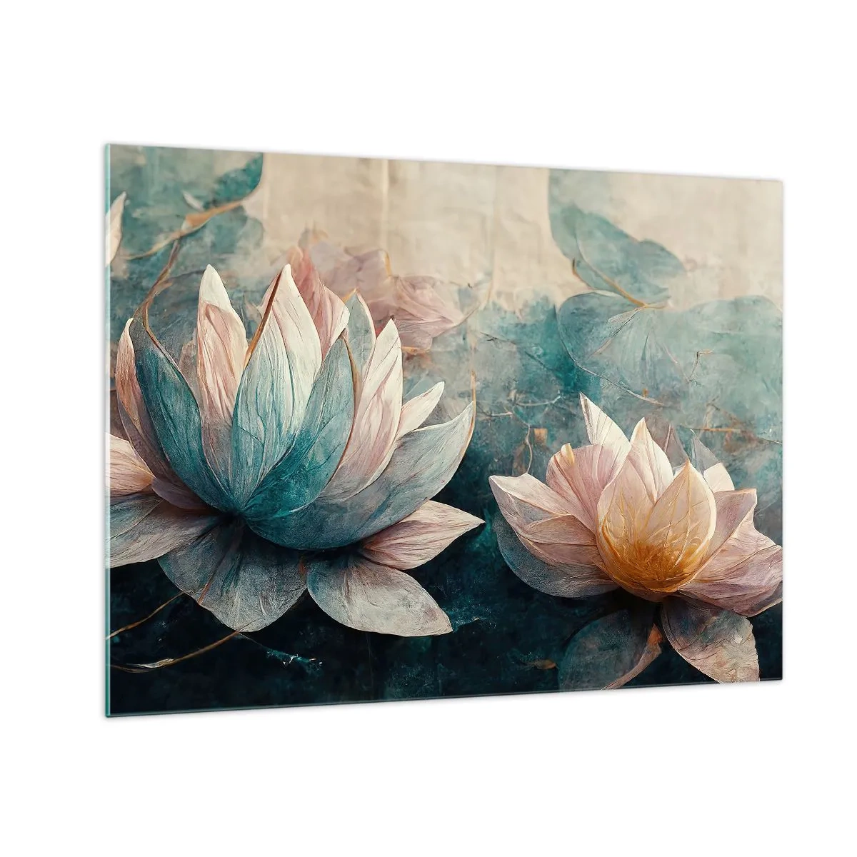 Billede på glas - Kunstnerisk repræsentation af lotusblomster mod en baggrund af vandblade. - 70x50cm - Søens stjerner - Moderne vægdekoration til stue og soveværelse ARTTOR