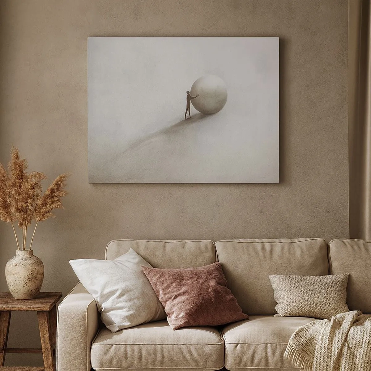 Lærredstryk - Billede på lærred - En minimalistisk figur med en bold på en lys, monokromatisk baggrund. - 70x50cm - Livets spil - Moderne vægdekoration til stue og soveværelse ARTTOR