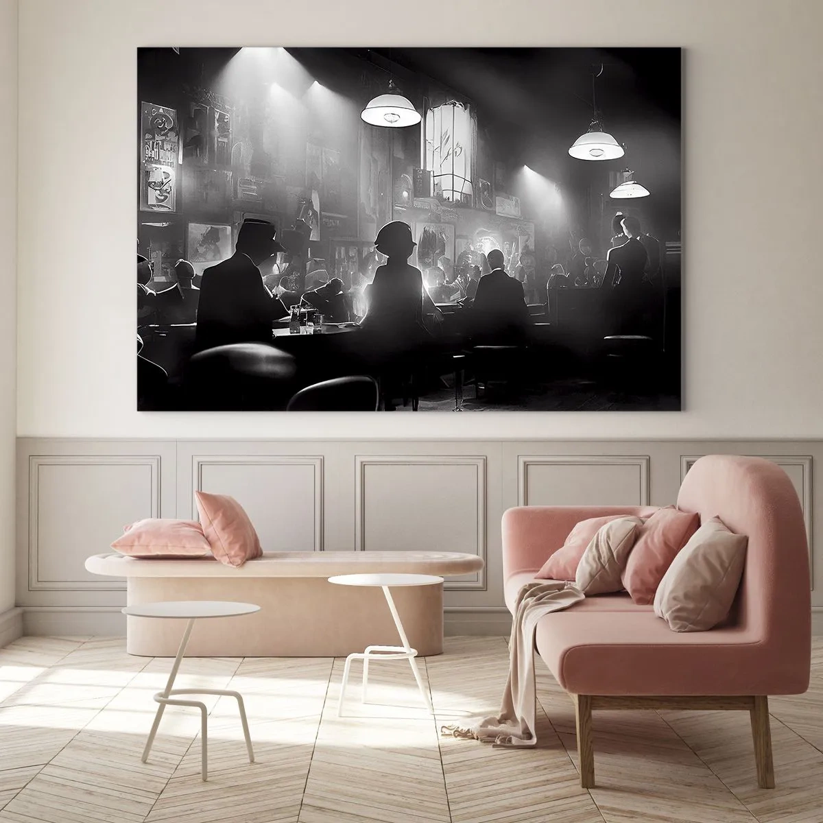 Billede på glas - Sort og hvid jazzscene i et klubinteriør - 70x50cm - I en jazzet stemning - Moderne vægdekoration til stue og soveværelse ARTTOR