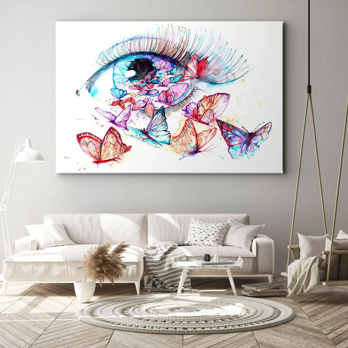 Lærredstryk - Billede på lærred - Et akvareløje omgivet af farverige sommerfugle - 70x50cm - Eventyrlige øjne - Moderne vægdekoration til stue og soveværelse ARTTOR