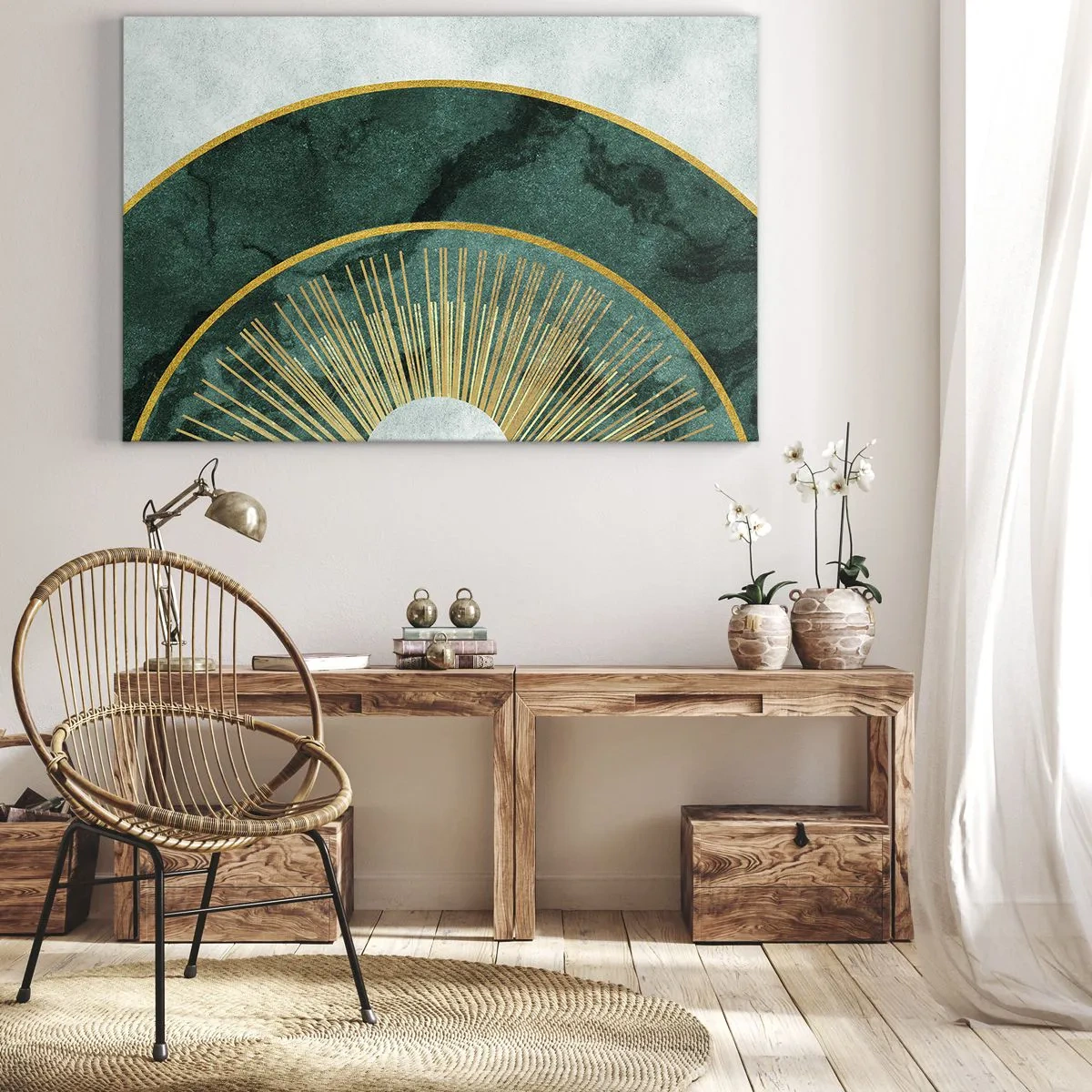 Lærredstryk - Billede på lærred - Abstrakt mønster med cirkler i smaragd- og guldfarver. - 70x50cm - Et anderledes solsystem - Moderne vægdekoration til stue og soveværelse ARTTOR