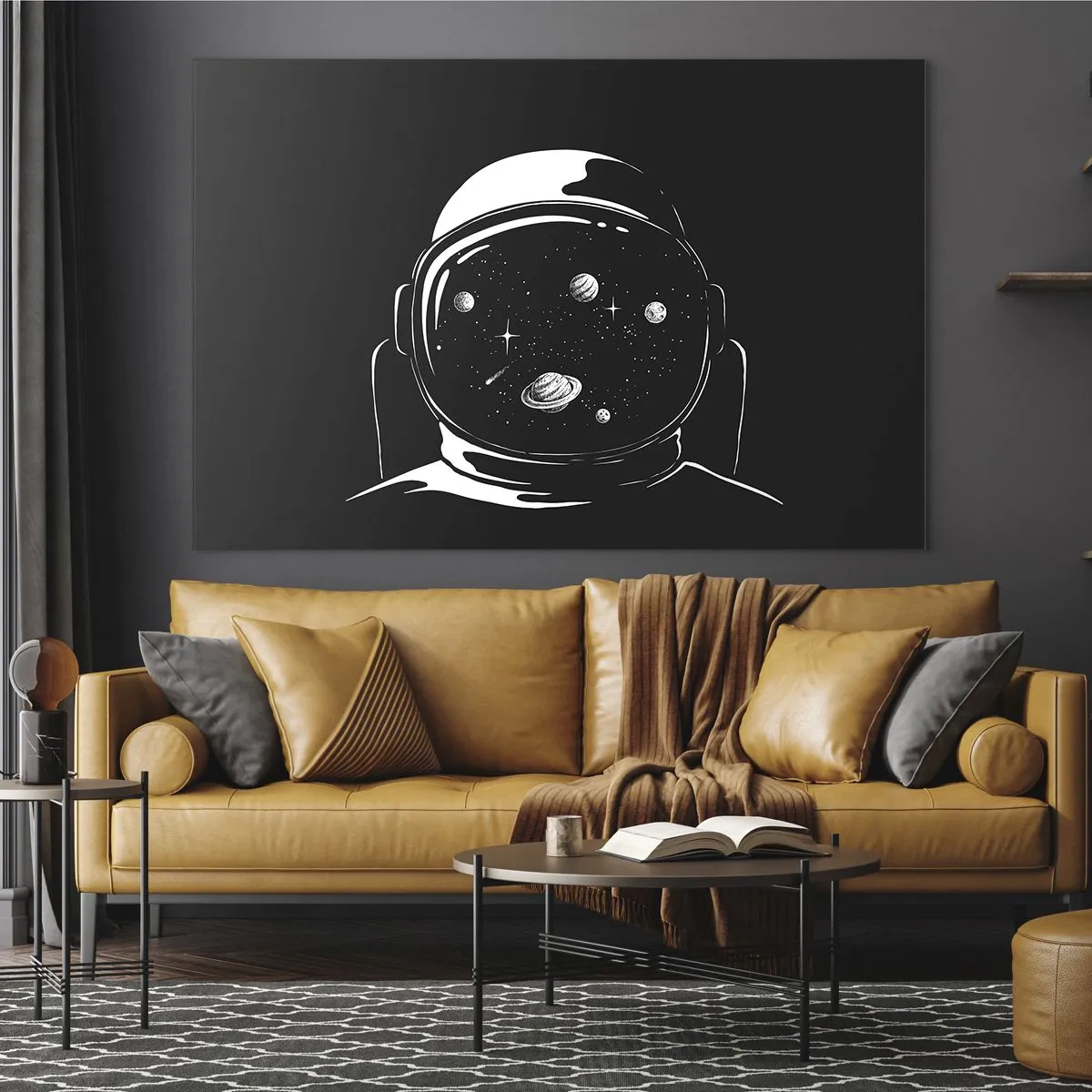 Billede på glas - Astronaut med stjerner og planeter i sin hjelm på en sort baggrund - 70x50cm - Flot udsigt - Moderne vægdekoration til stue og soveværelse ARTTOR