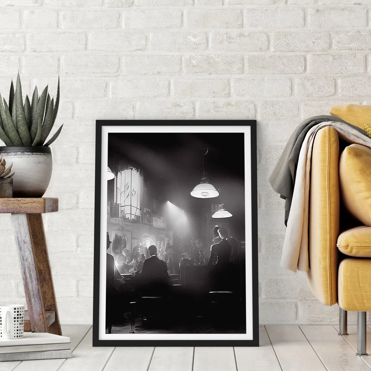 Plakat i sort ramme - En sort-hvid scene fra en atmosfærisk jazznatklub - 50x70cm - I en jazzet stemning - Moderne vægdekoration til stue og soveværelse ARTTOR
