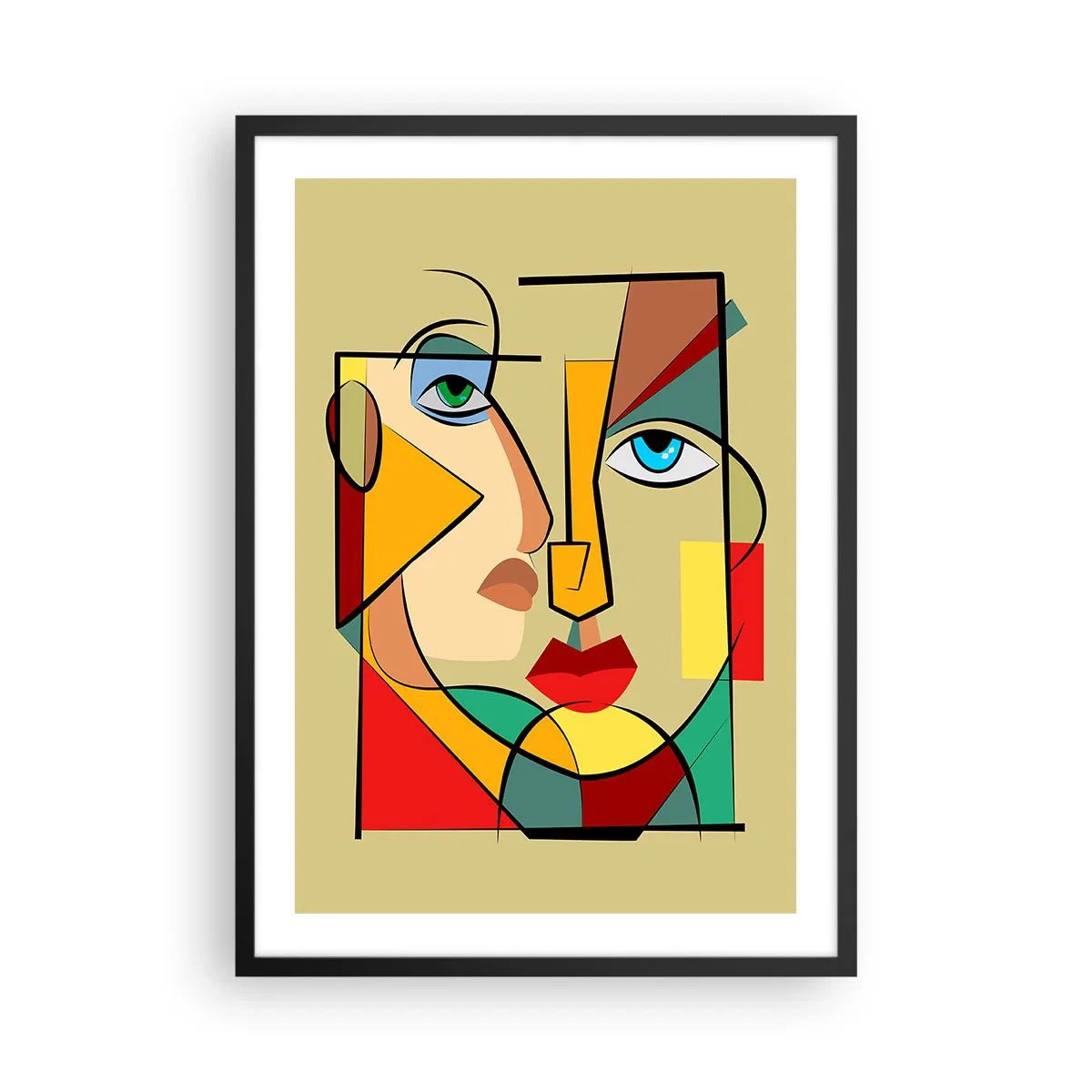 Plakat i sort ramme - Et kubistisk portræt i intense farver - 50x70cm - Et matchende par - Moderne vægdekoration til stue og soveværelse ARTTOR