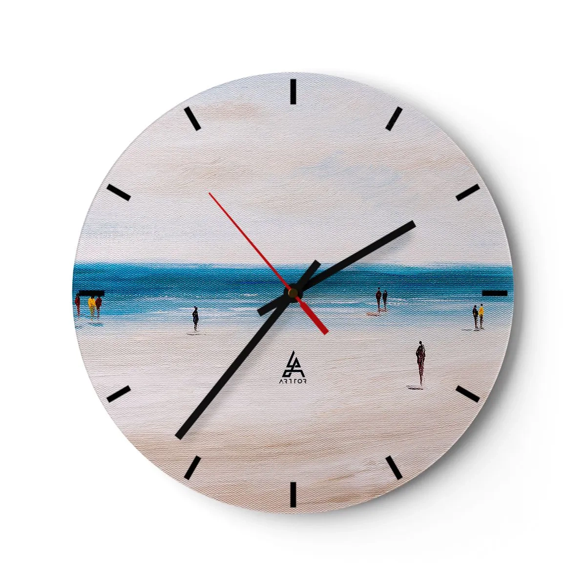 Vægur, Uret - Figurer går på stranden med udsigt over det rolige hav - 30x30cm - Et naturligt behov - Moderne vægdekoration til stue, køkken og soveværelse ARTTOR