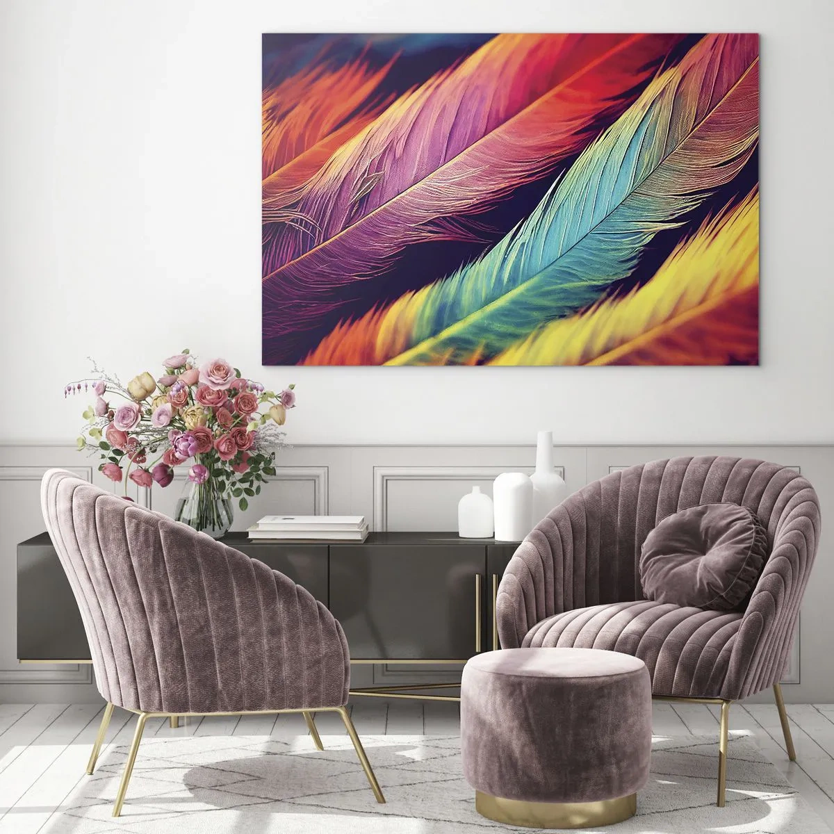 Billede på glas - Farverige fjer i intense regnbuefarver - 70x50cm - Fjeragtig regnbue - Moderne vægdekoration til stue og soveværelse ARTTOR
