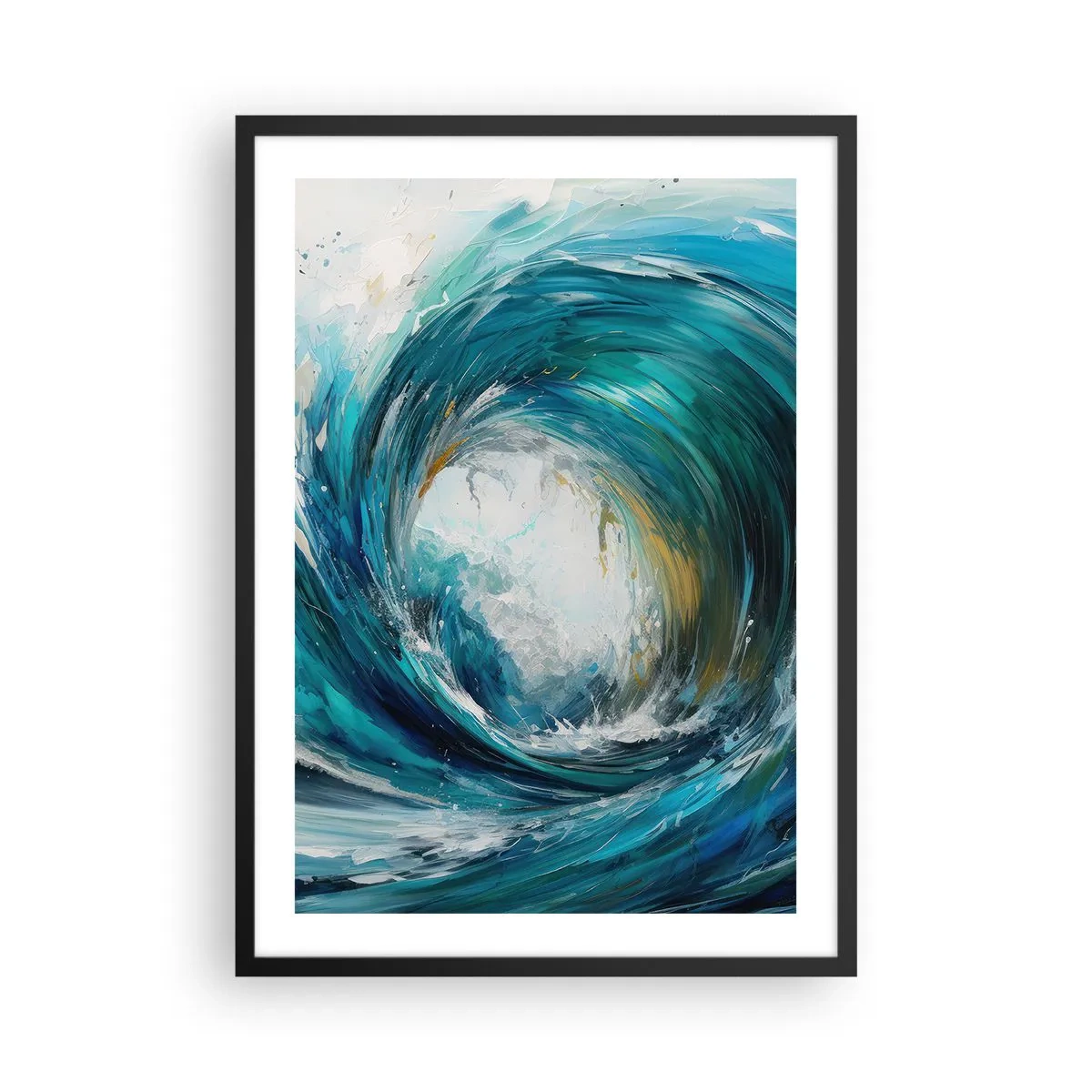 Plakat i sort ramme - Abstrakt bølge i nuancer af turkis, blå og hvid - 50x70cm - Havets portal - Moderne vægdekoration til stue og soveværelse ARTTOR