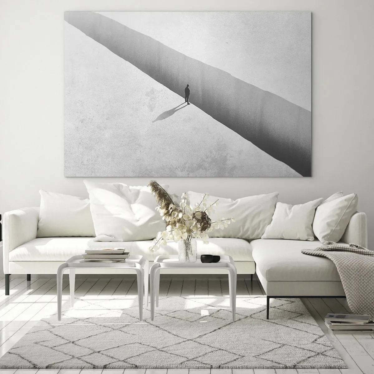 Billede på glas - En minimalistisk silhuet over en afgrund i et lyst rum - 70x50cm - Lys destination - Moderne vægdekoration til stue og soveværelse ARTTOR