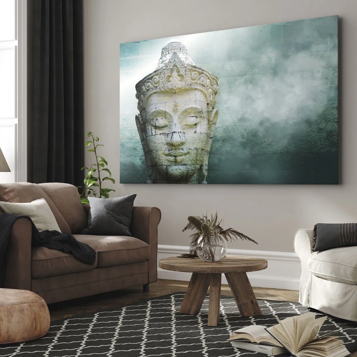 Lærredstryk - Billede på lærred - Buddha-statue med en blid tåge mod en grøn baggrund - 70x50cm - På jagt efter lys - Moderne vægdekoration til stue og soveværelse ARTTOR