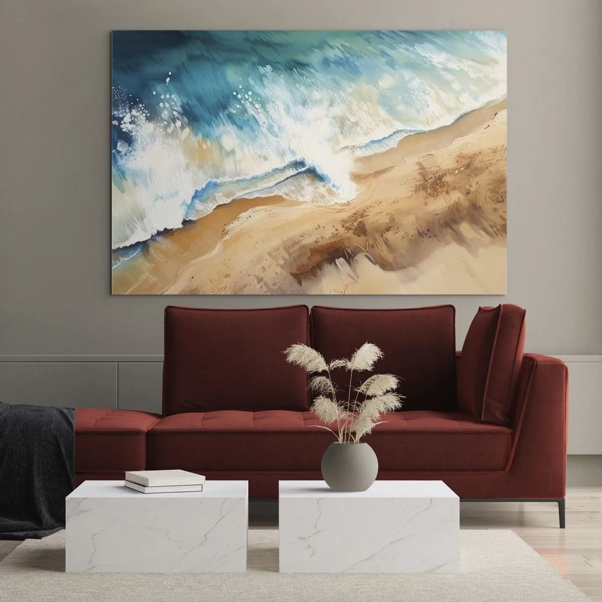 Billede på glas - Fugleperspektiv af en blå havbølge, der slår mod en sandstrand - 70x50cm - Tilbagevendende bølge - Moderne vægdekoration til stue og soveværelse ARTTOR