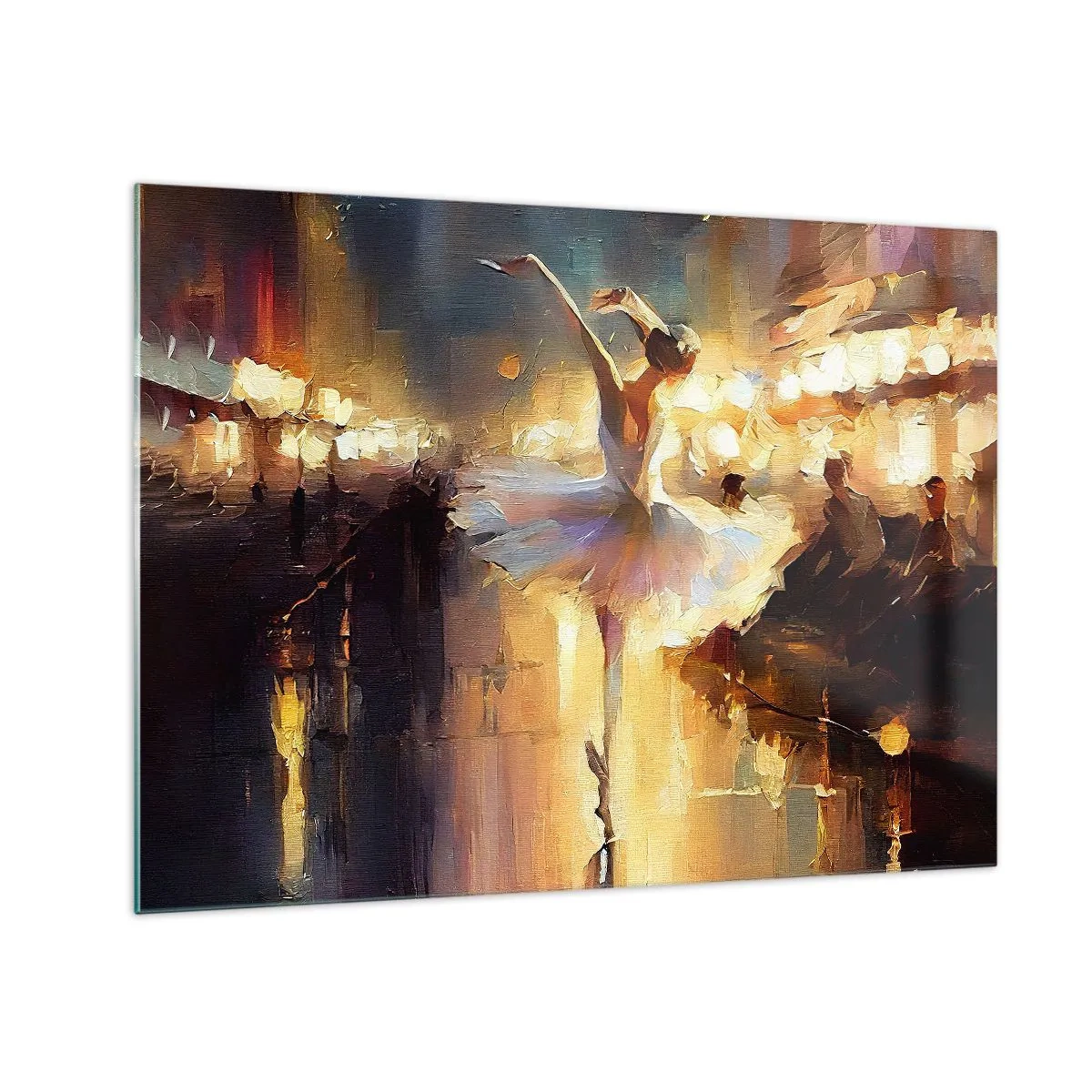 Billede på glas - Ballerina i lyset af byens lys - 70x50cm - Et mirakel på gaden - Moderne vægdekoration til stue og soveværelse ARTTOR