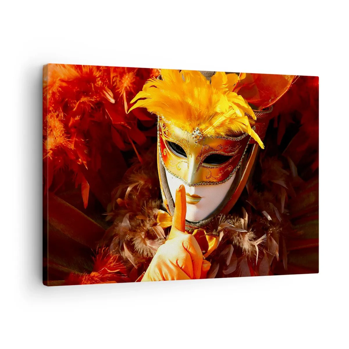 Lærredstryk - Billede på lærred - Karnevalsmaske i nuancer af guld og orange - 70x50cm - Mystik er en del af spillet - Moderne vægdekoration til stue og soveværelse ARTTOR